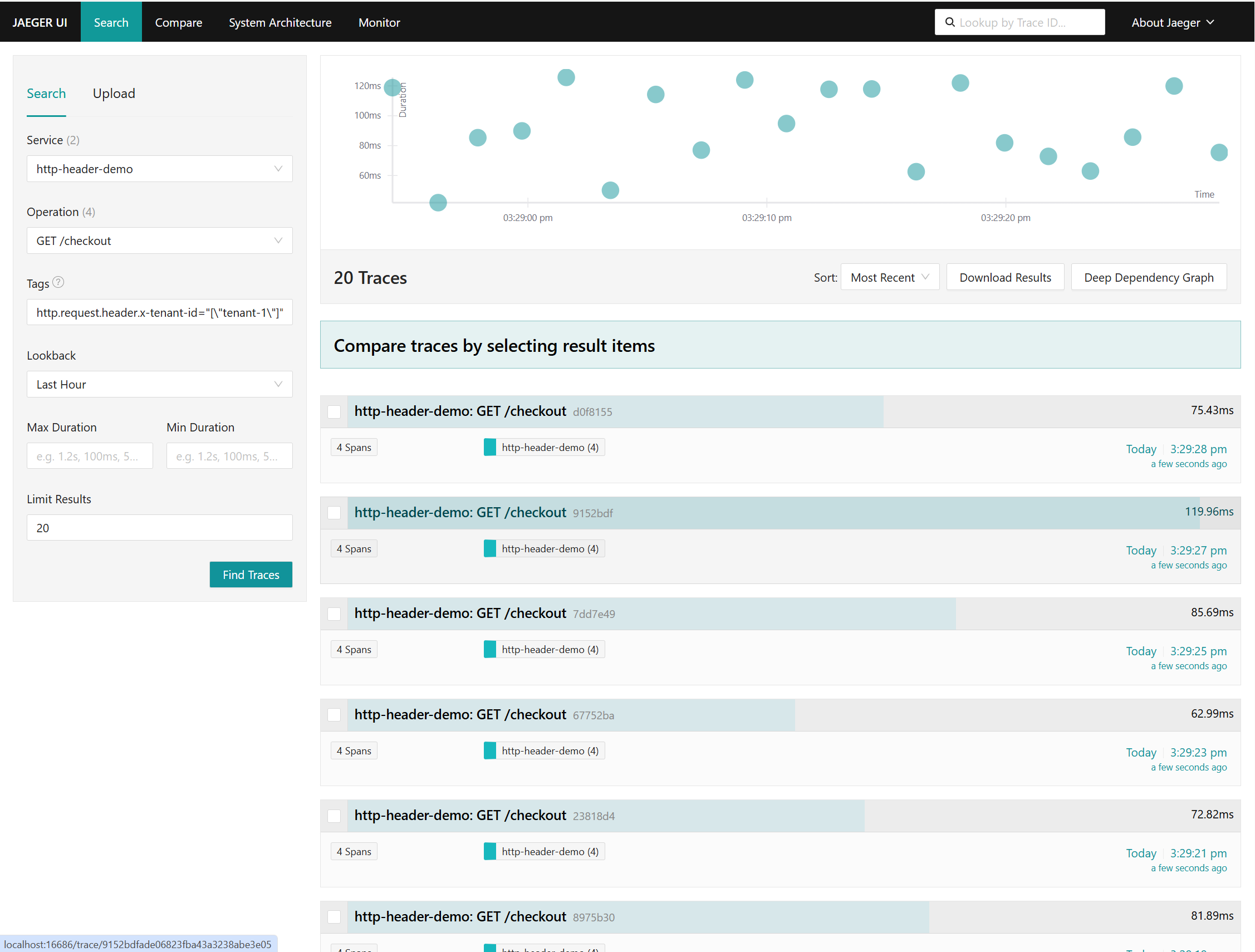 Jaeger trace search filtered by enriched header attribute for tenant triage