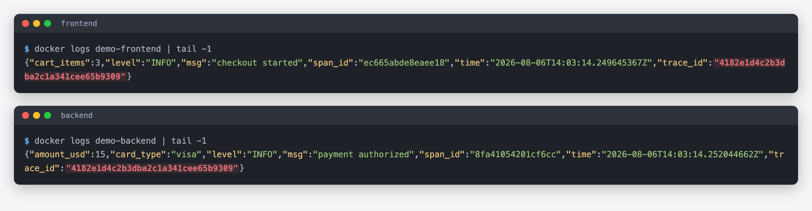 Enriched logs from both services carrying the same trace ID